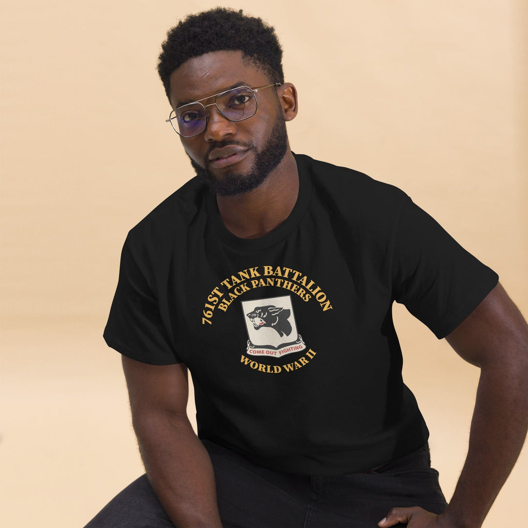 761st Tank Battalion Black Panthers t-shirt with unit emblem and WWII motto (lifestyle 2 - front view)