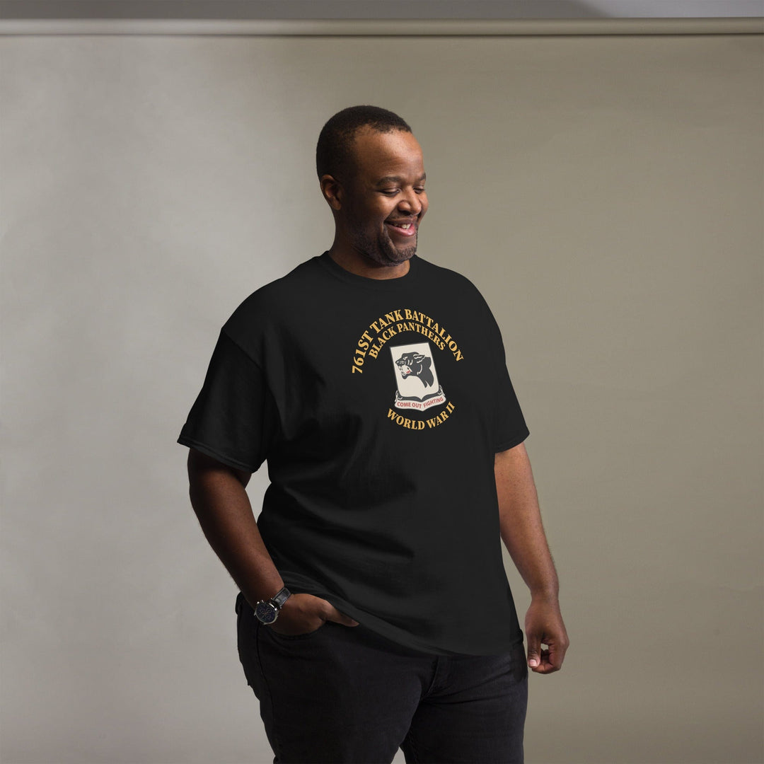 761st Tank Battalion Black Panthers t-shirt with unit emblem and WWII motto (lifestyle 3 - front view)