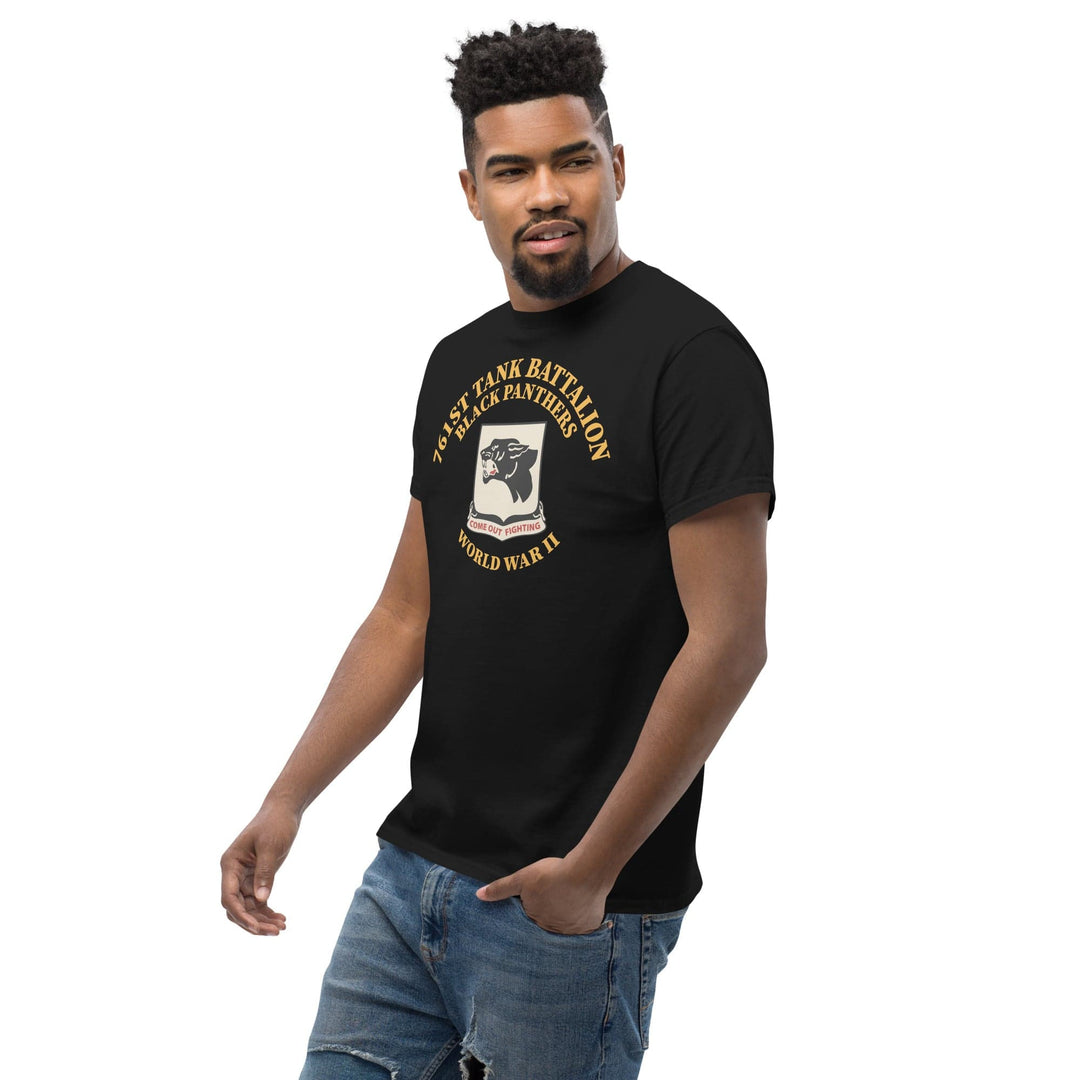 761st Tank Battalion Black Panthers t-shirt with unit emblem and WWII motto (lifestyle - side view)