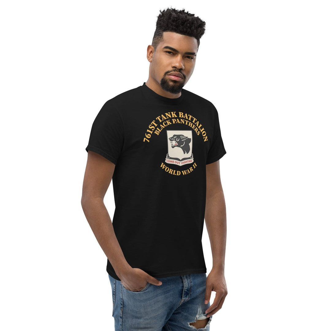 761st Tank Battalion Black Panthers t-shirt with unit emblem and WWII motto (lifestyle - front view)