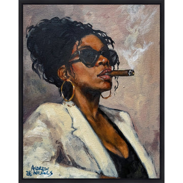 Unfruffled (Female) by Andrew Nichols (Stretched Canvas with Black Floater Frame) - A framed portrait painting of a Black woman with an afro, wearing dark sunglasses, large hoop earrings, and a white blazer while smoking a cigar. The painting is signed 'Andrew Z.