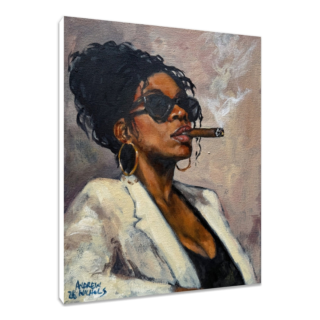 Unfruffled (Female) by Andrew Nichols (Stretched Canvas) - A canvas wall art print featuring a painted portrait of a woman with dark curly hair, sunglasses, hoop earrings, and a cigar, shown at an angle against a plain white background.