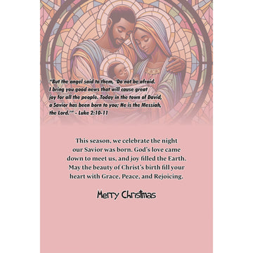 Unto Us a Child Is Born: African American Christmas Card Box Set by Janine Kai Robinson (Interior) - A Christmas-themed art print featuring a stained-glass style illustration of the Holy Family at the top, with a pink lower section containing a Bible verse and the greeting 'Merry Christmas'.