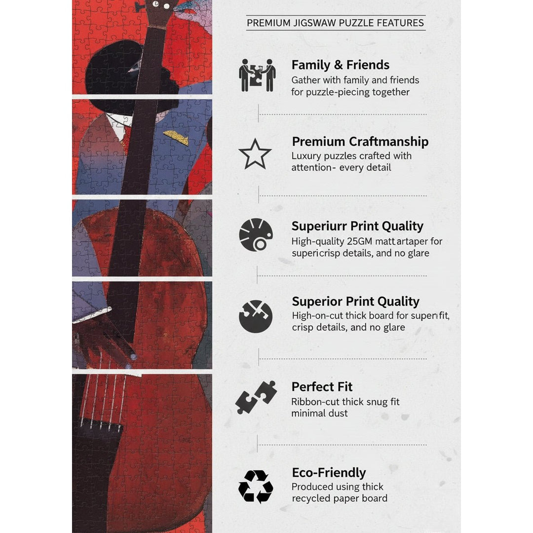 Up at Mintons by Romare Bearden | African American Jigsaw Puzzle (Infographic) - Jigsaw puzzle packaging with a musical instrument illustration and feature list on the right.
