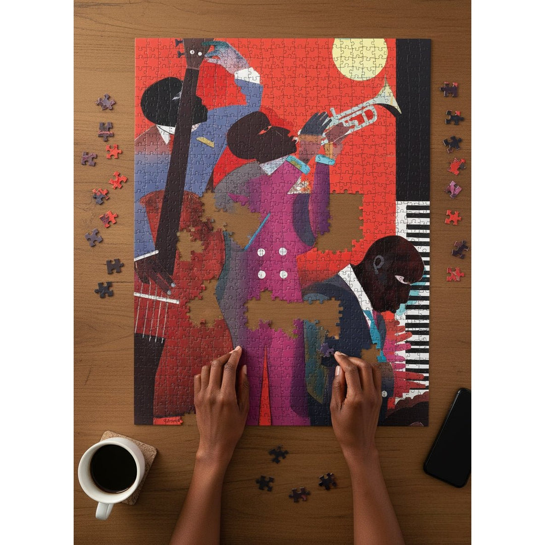 Up at Mintons by Romare Bearden | African American Jigsaw Puzzle (Lifestyle Photo) - Jigsaw puzzle of musicians on a wooden table with a cup of coffee.