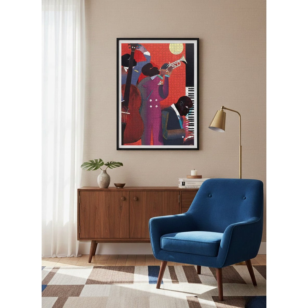 Up at Mintons by Romare Bearden | African American Jigsaw Puzzle (Lifestyle Photo 2) - Modern living room with a blue armchair, wooden sideboard, and abstract art on the wall.