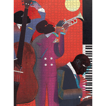 Up at Mintons by Romare Bearden | African American Jigsaw Puzzle (Puzzle Mock Up) - Jigsaw puzzle with a colorful illustration of three musicians playing instruments on a red background.