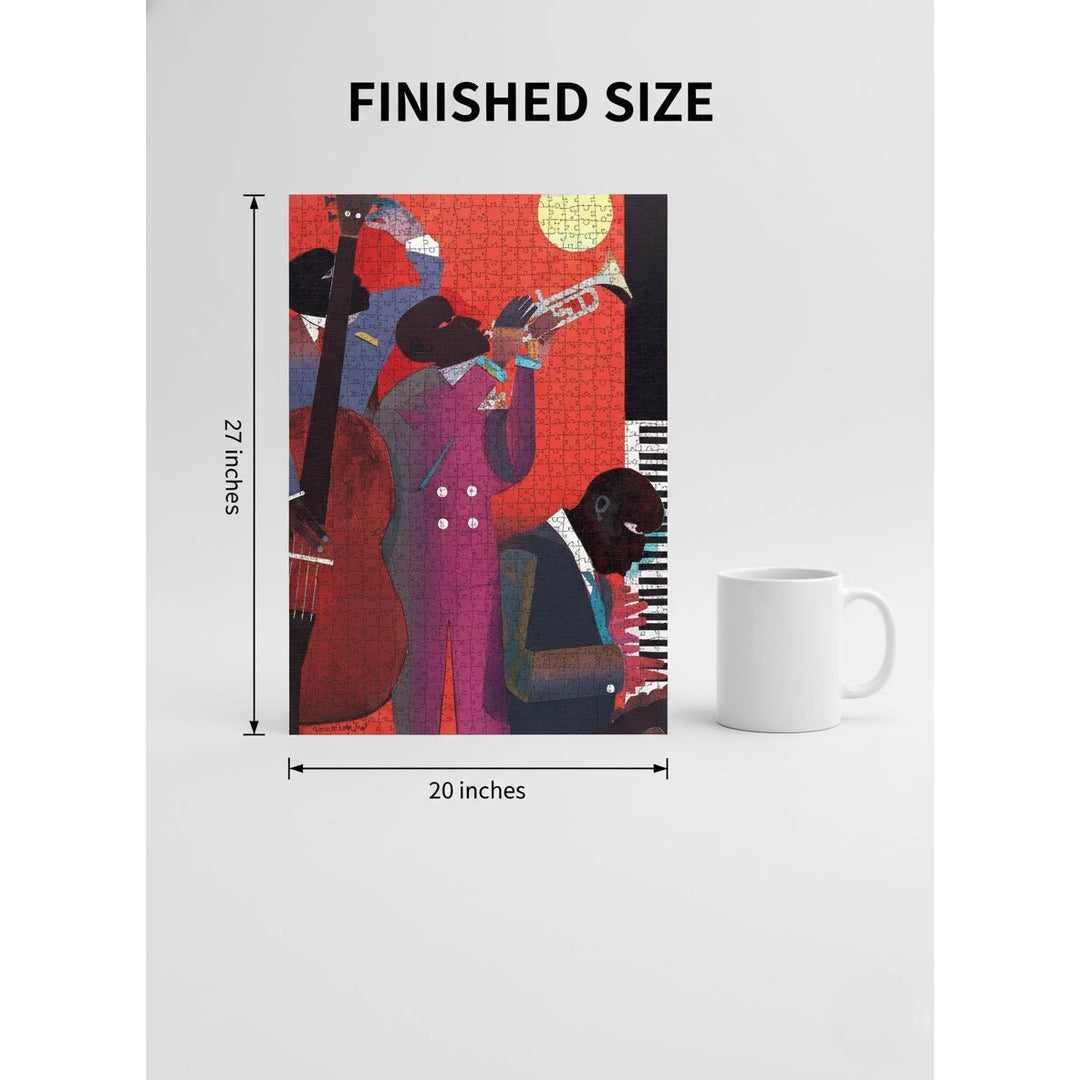 Up at Mintons by Romare Bearden | African American Jigsaw Puzzle (Sizing Guide) - Art print of musicians playing instruments with dimensions labeled, next to a mug on a white background.