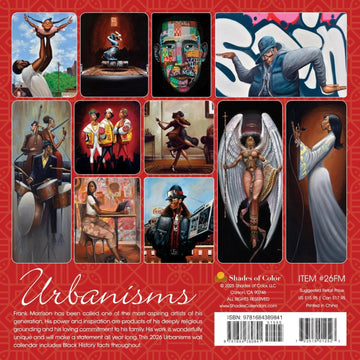 Urbanisms by Frank Morrison: 2026 African American Wall Calendar (Back) - Collage of artistic illustrations on a red background with 'Urbanisms' branding.