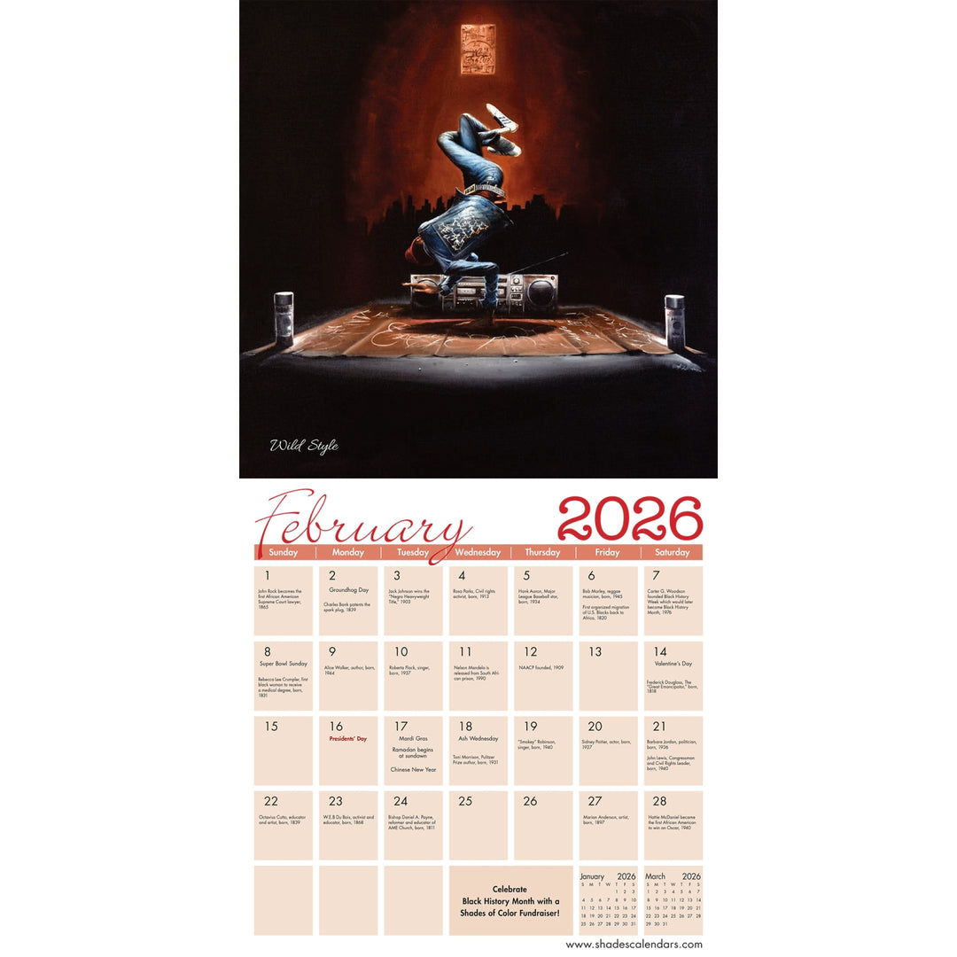 Urbanisms by Frank Morrison: 2026 African American Wall Calendar (Inside 2) - Calendar for February 2026 with a artistic design of a person on a stage.