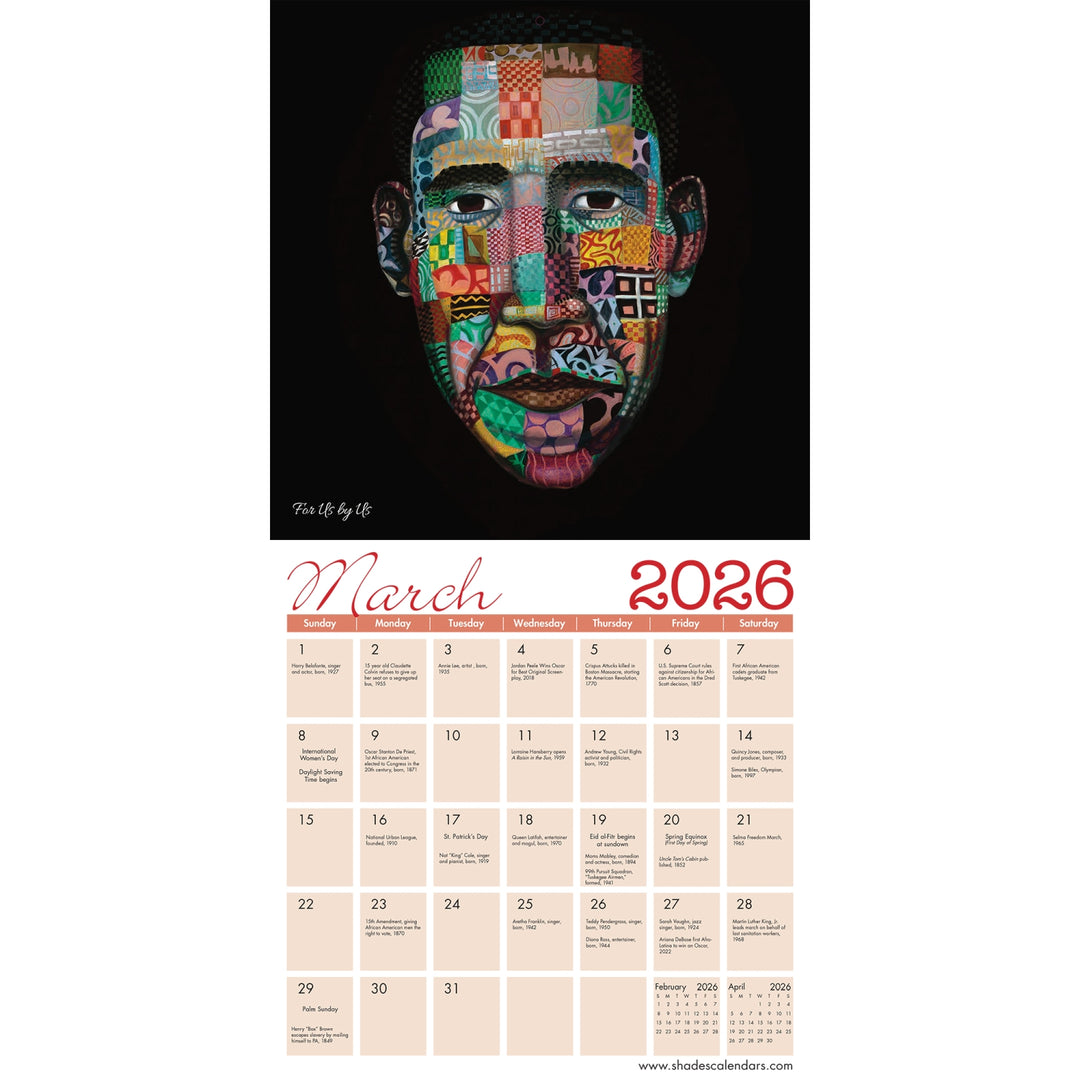 Urbanisms by Frank Morrison: 2026 African American Wall Calendar (Insdie 3) - Calendar for March 2026 with a colorful face design on a black background