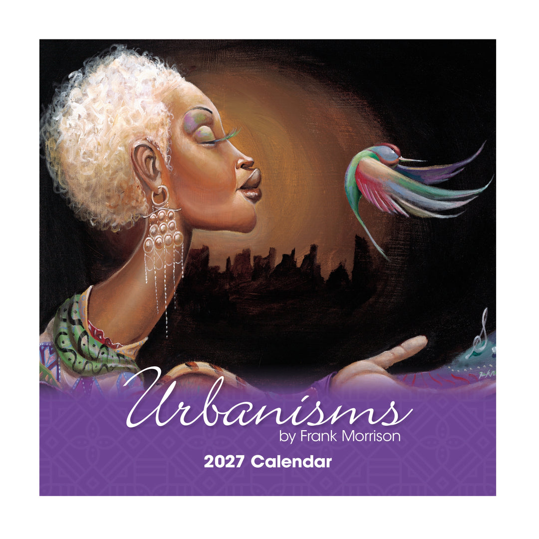 Urbanisms: The Art of Frank Morrison 2027 African American Wall Calendar (Main) - Front cover of the 2027 Urbanisms calendar by Frank Morrison, featuring a stylized portrait of a woman with short curly white hair, closed eyes, and long dangling earrings against a dark background with a glowing circular light and a colorful bird. A purple band at the bottom reads 'Urbanisms by Frank Morrison' and '2027 Calendar'.