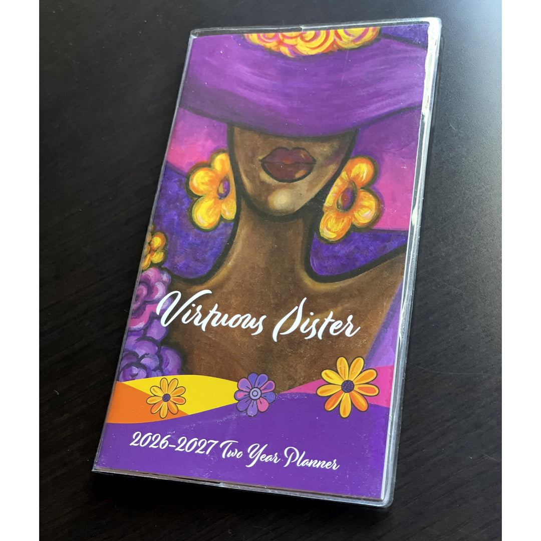 Virtuous Sister by Pamela Hills: 2026-2027 Two Year African American Pocket Calendar (Lifestyle Photo) - Planner with a colorful design of a woman and flowers on a black background