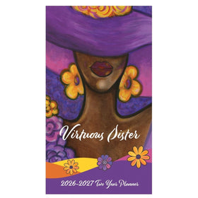 Virtuous Sister by Pamela Hills: 2026-2027 Two Year African American Pocket Calendar (Main) - Planner cover with a stylized illustration of a woman wearing a purple hat and flowers, with 'Virtuous Sister' branding.