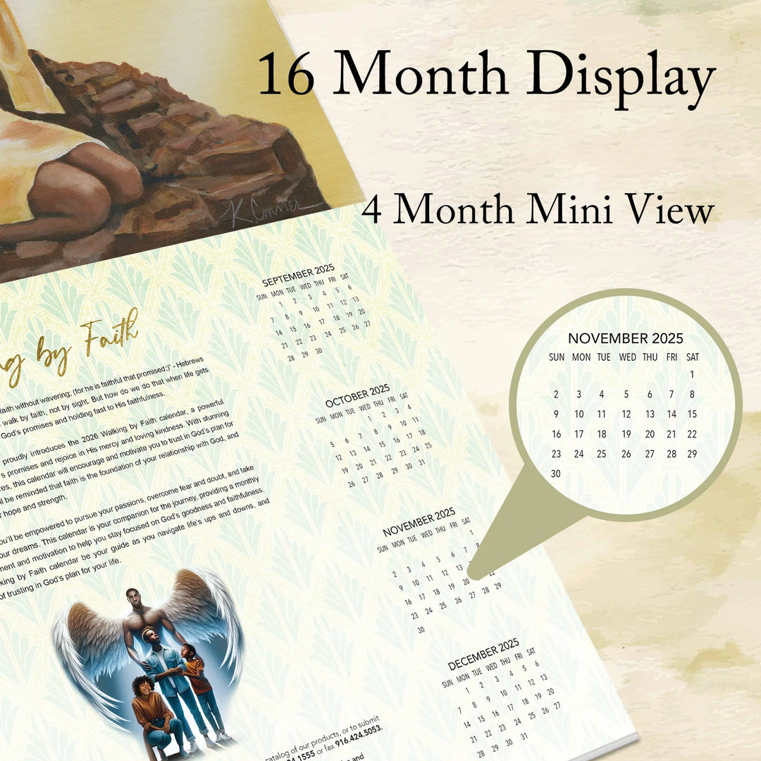 Walking by Faith: The Art of Keith Conner 2026 Wall Calendar (16 Month View) - Calendar with 16-month display and 4-month mini view on a wooden surface.