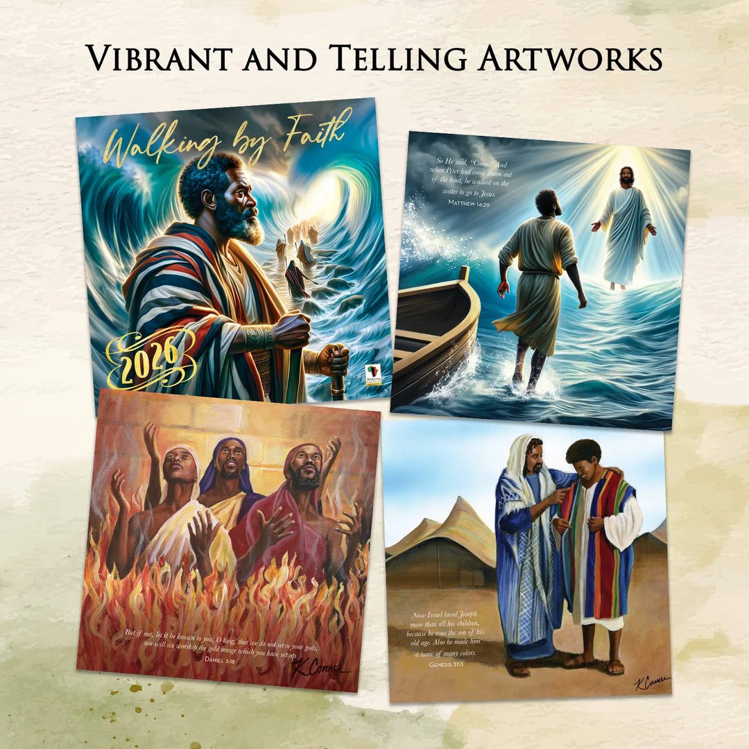 Walking by Faith: The Art of Keith Conner 2026 Wall Calendar (Inside Artwork 2) - Four religious-themed artworks with people walking on water, a boat, and a fiery scene.