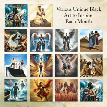 Walking by Faith: The Art of Keith Conner 2026 Wall Calendar (Inside Artwork) - Collection of various unique Black art pieces on a beige background with text.