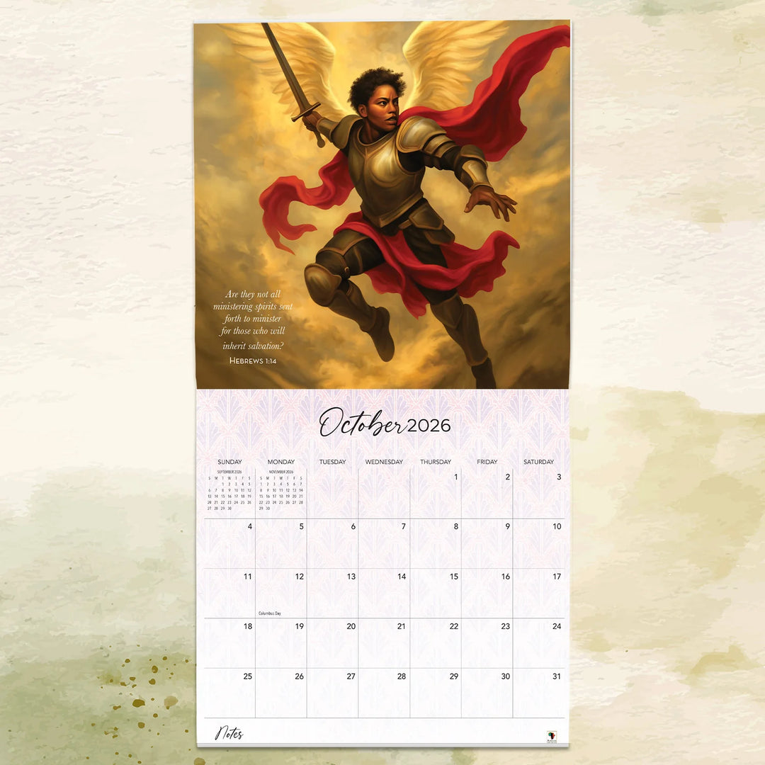 Walking by Faith: The Art of Keith Conner 2026 Wall Calendar (Interior) - Calendar for October 2026 featuring an illustration of a warrior with wings and a red cape on a textured beige background.