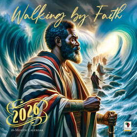 Walking by Faith: The Art of Keith Conner 2026 Wall Calendar (Main) - 2026 calendar cover with a religious figure walking on water, surrounded by waves.
