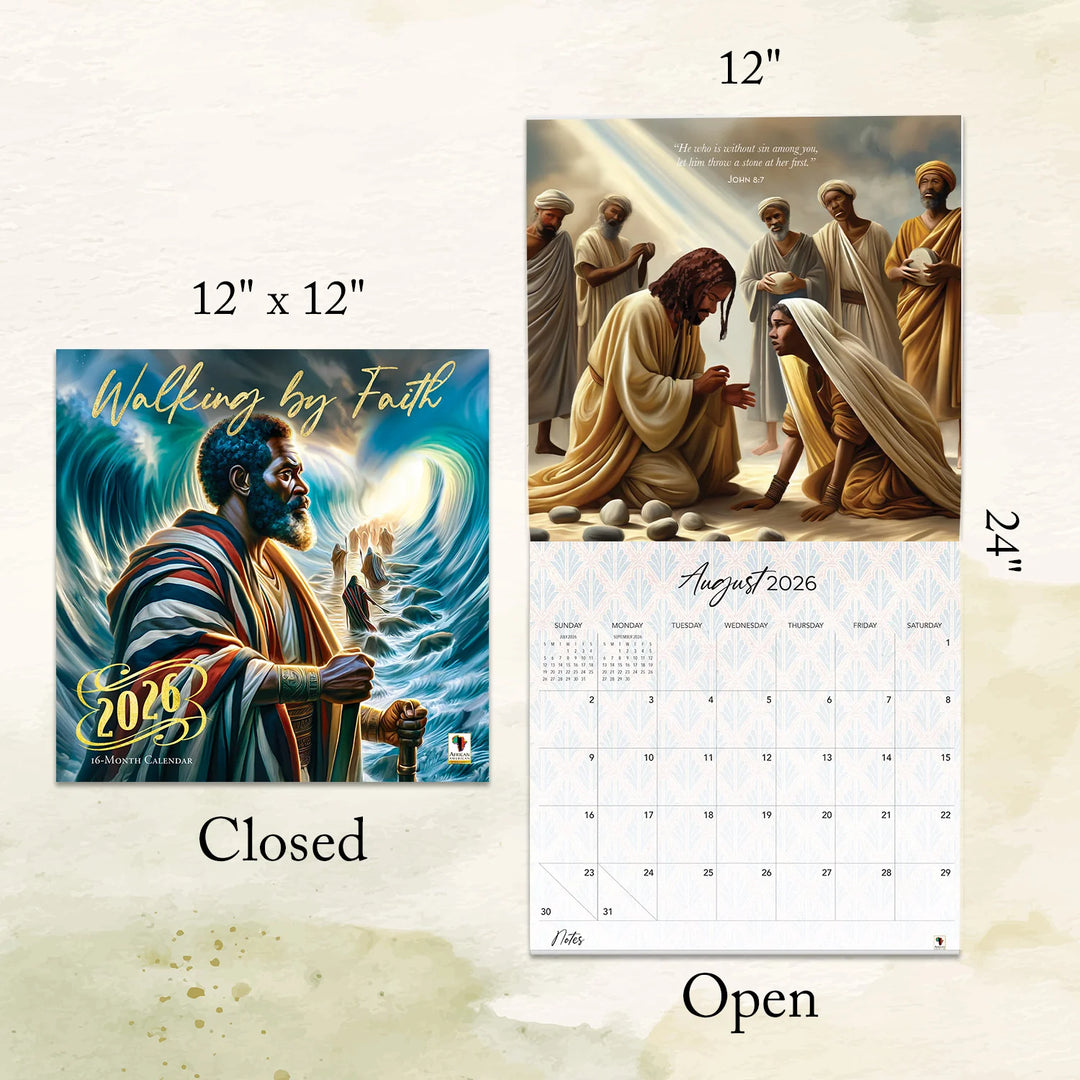 Walking by Faith: The Art of Keith Conner 2026 Wall Calendar (Sizing Guide) - Calendar with religious design, showing both closed and open views on a light background.