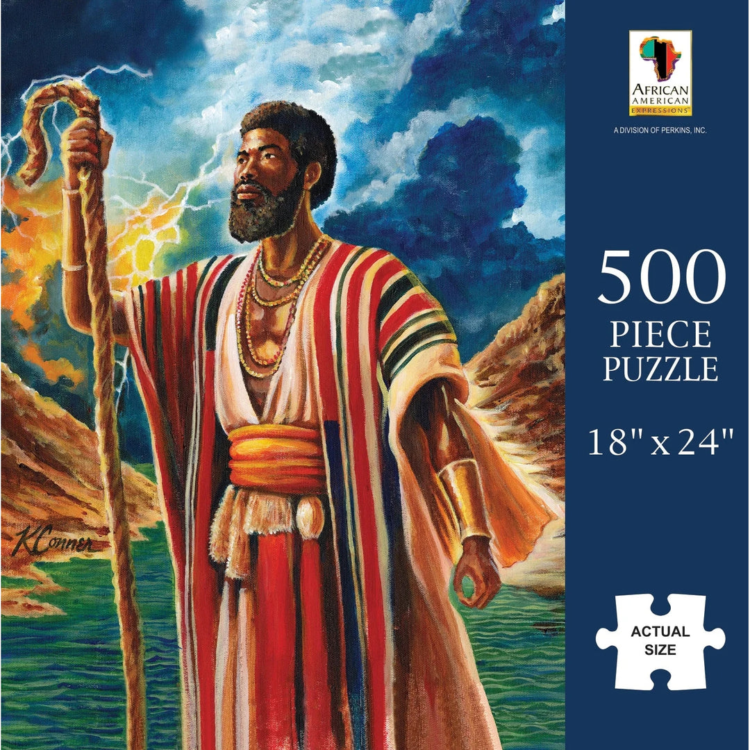 Walking by Faith (Moses) Jigsaw Puzzle by Keith Conner (Main) - Jigsaw puzzle box featuring a character with a staff and colorful robe against a dramatic sky.