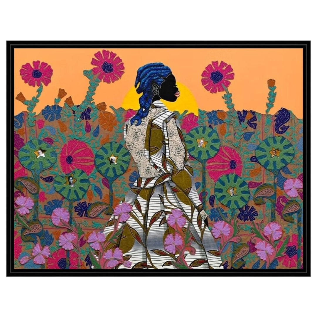 Where Rice Once Grew Leroy Campbell:  Black woman vibrant floral Gullah art (Stretched Canvas with Black Floater Frame)