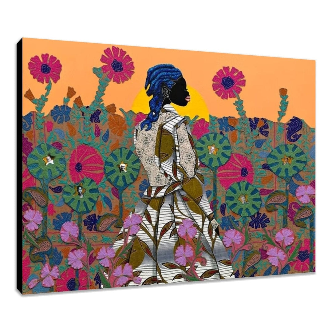 Where Rice Once Grew Leroy Campbell:  Black woman vibrant floral Gullah art (Stretched Canvas)
