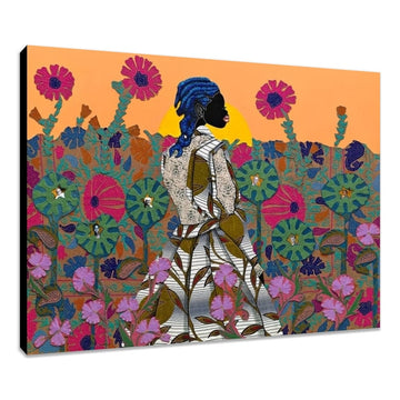 Where Rice Once Grew Leroy Campbell:  Black woman vibrant floral Gullah art (Stretched Canvas)