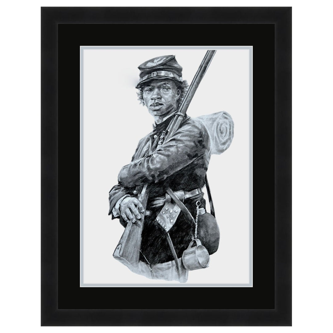 William Cathay by Robert Jackson (Double Matted w/ Black Frame) Framed artwork of a Civil War soldier holding a flag. Black Mat.