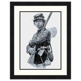 William Cathay by Robert Jackson (Double Matted w/ Black Frame) - Framed black and white portrait of a soldier holding a flag. White Mat