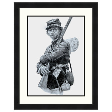 William Cathay by Robert Jackson (Double Matted w/ Black Frame) - Framed black and white portrait of a soldier holding a flag. White Mat