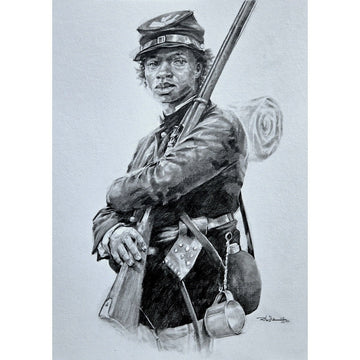William Cathay by Robert Jackson (Unframed) - Pencil drawing of a soldier in Civil War uniform holding a rifle and a water jug.