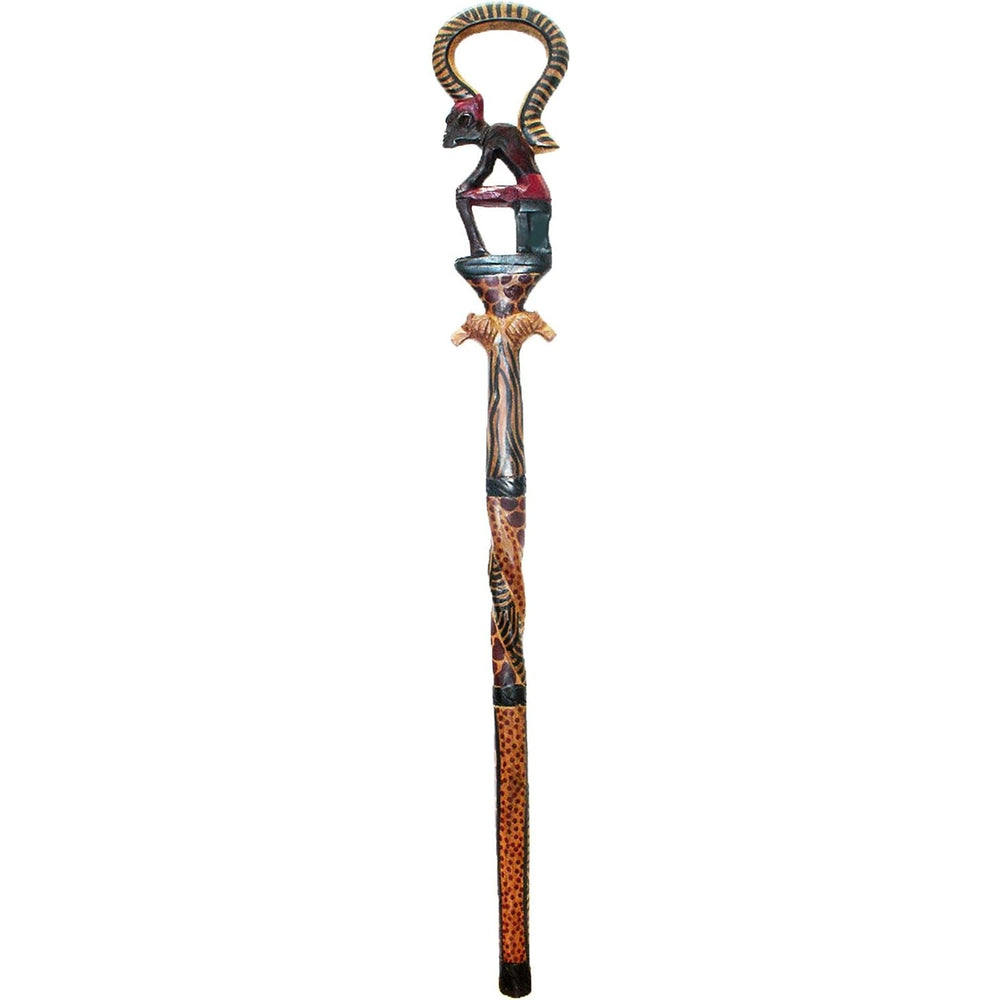 Authentic Hand Crafted African Wiseman and Lion Head Decorative Wood Walking Stick