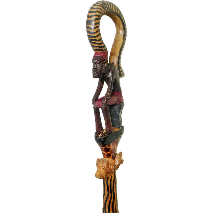 Authentic Hand Crafted African Wiseman and Lion Head Decorative Wood Walking Stick (Close Up)