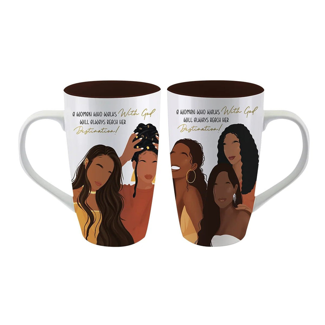 Walk With God Ceramic Latte Mug (Main) - Two white ceramic mugs with dark brown interiors, featuring a printed illustration of four Black women and the text 'A WOMAN WHO HATES With God Will Always Reach HER Destination!'.