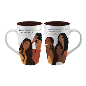Walk With God Ceramic Latte Mug (Main) - Two white ceramic mugs with dark brown interiors, featuring a printed illustration of four Black women and the text 'A WOMAN WHO HATES With God Will Always Reach HER Destination!'.