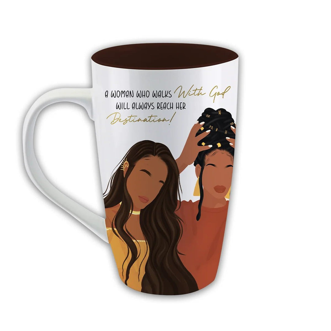 Walk With God Ceramic Latte Mug (Rear) - Mug with illustration of two women and motivational quote on a white background