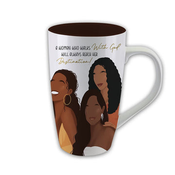 Walk With God Ceramic Latte Mug (Front) - Mug with illustrations of three women and an inspirational quote on a white background
