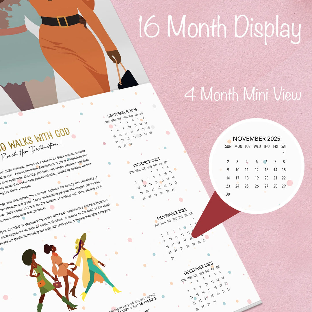 A Woman Who Walks With GOD: The Art of Nicholle Kobi 2026 Wall Calendar (16 Month View) - Calendar with illustrations of women walking and text on a pink background