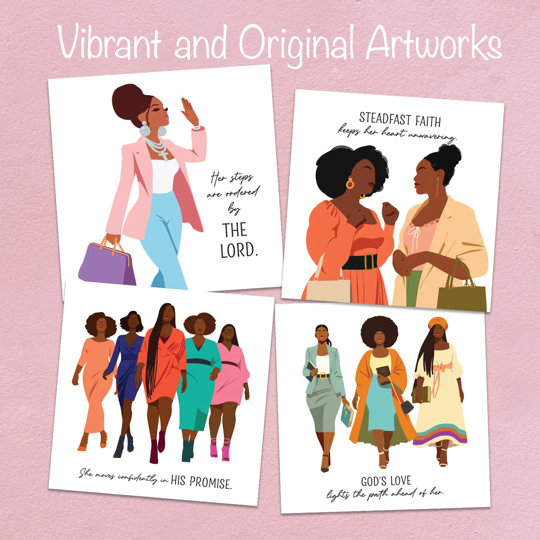 A Woman Who Walks With GOD: The Art of Nicholle Kobi 2026 Wall Calendar (Inside Artwork 2) - Illustrations of women with motivational quotes on a pink background