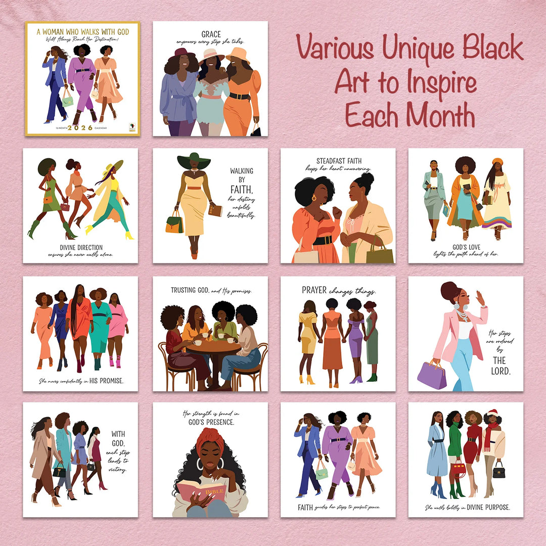 A Woman Who Walks With GOD: The Art of Nicholle Kobi 2026 Wall Calendar (Inside Artwork) - Collection of unique Black art prints on a pink background with text.
