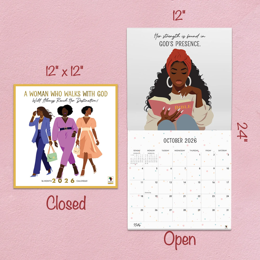 A Woman Who Walks With GOD: The Art of Nicholle Kobi 2026 Wall Calendar (Sizing Guide) - Calendar and poster set on a pink background with illustrations of women and text.