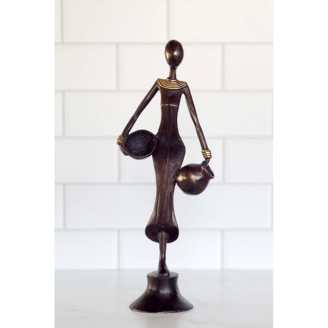 Woman with Calabash Bowl: Burkina Faso Bronze Sculpture (Lifestyle)