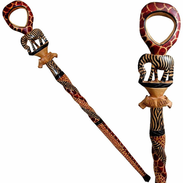Authentic African Hand Made Wood Zebra and Lion Decorative Walking Stick/Cane
