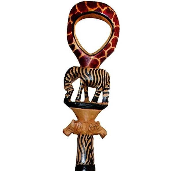 Authentic African Hand Made Wood Zebra and Lion Decorative Walking Stick/Cane (Close Up)