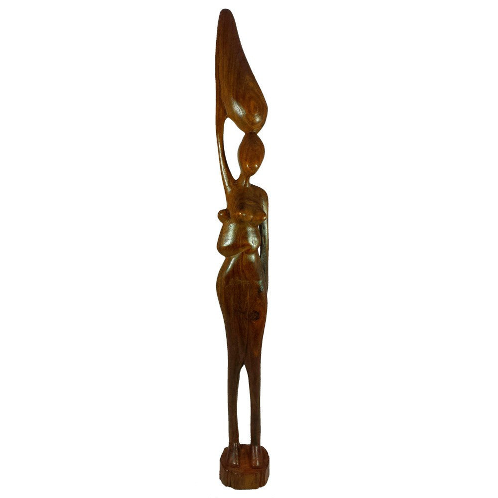 African Waterbearer with Child Sculpture: Hand Made Sierra Leonean Wood Carving (Front)