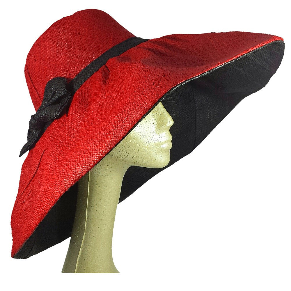 Miora: Red and Black Hand Woven Madagascar Raffia Hat (7 inch brim)