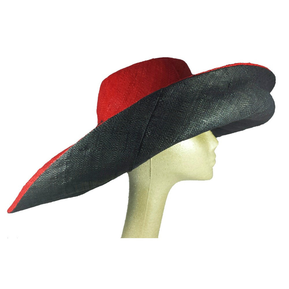 Miora: Red and Black Hand Woven Madagascar Raffia Hat (7 inch brim)