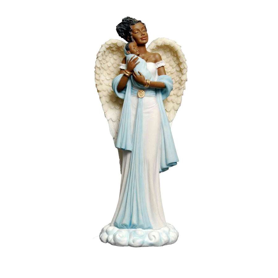African American Graceful Angel in Blue with Baby Figurine  (Boy)