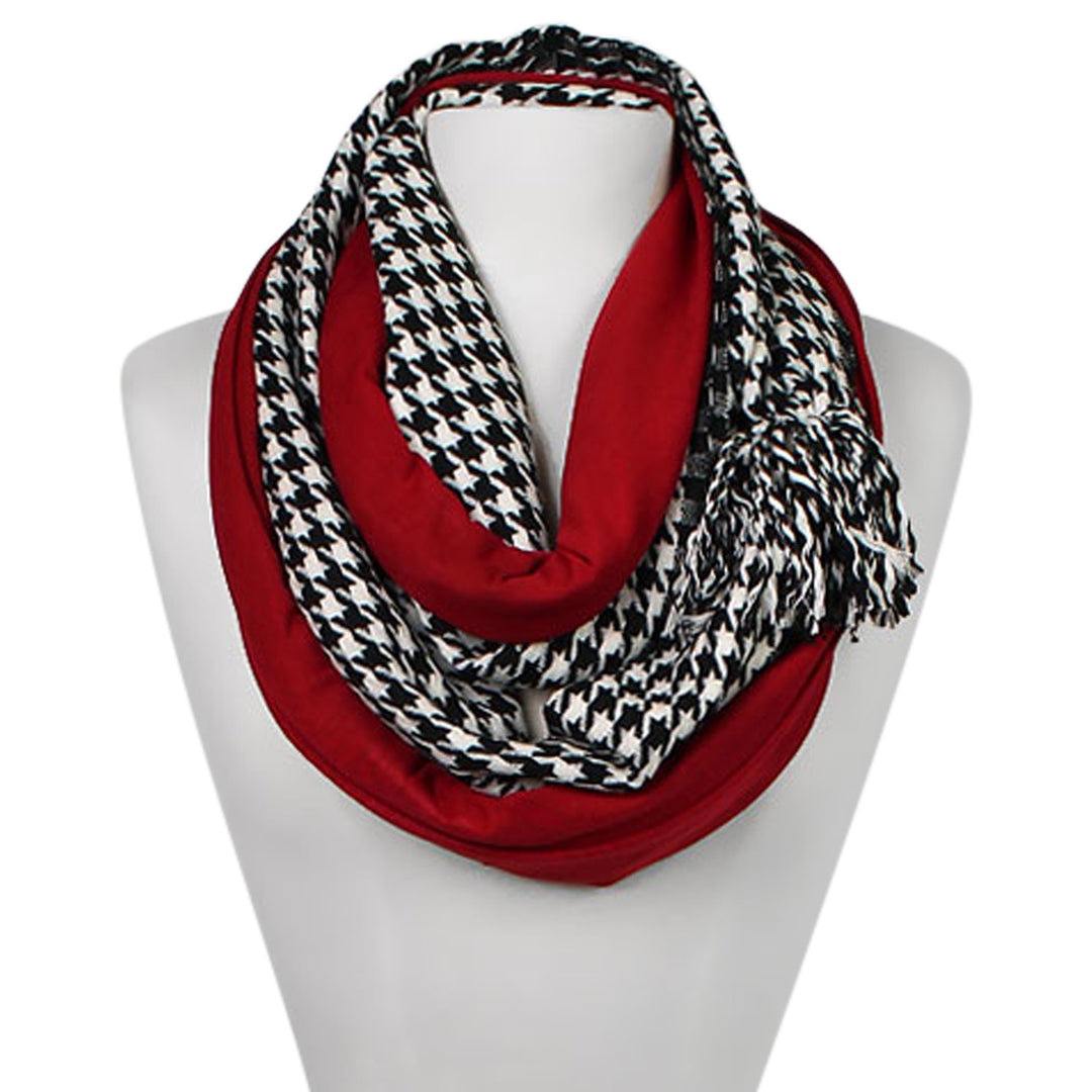Houndstooth and Crimson Infinity Jersey Scarf with Pom Pom